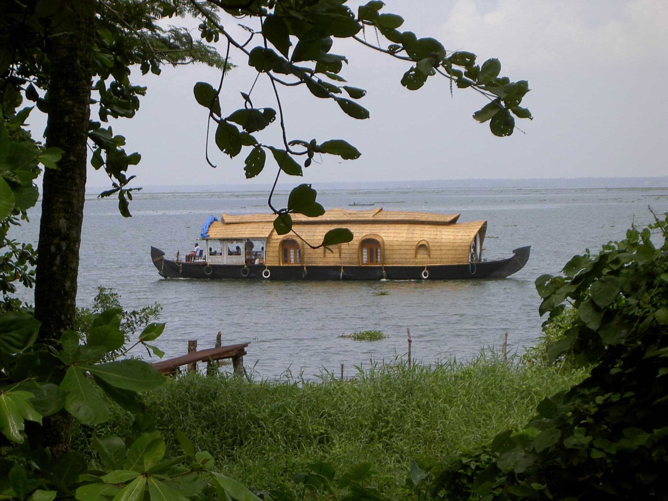 Kerala houseboat docked near coconut palms